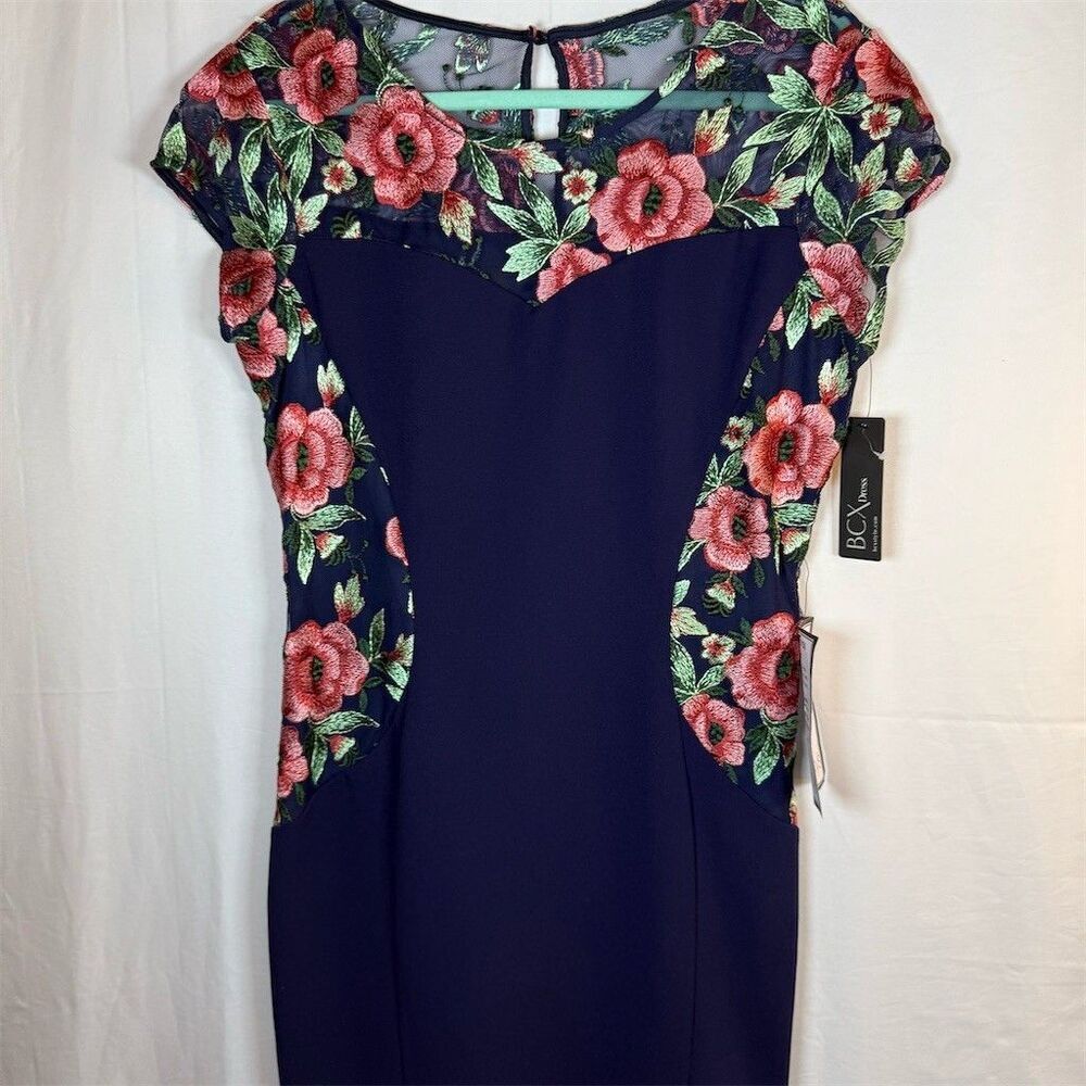 BCX Dress Womens 15 Blue Floral Embroidered Sheath Bodycon Knee Length